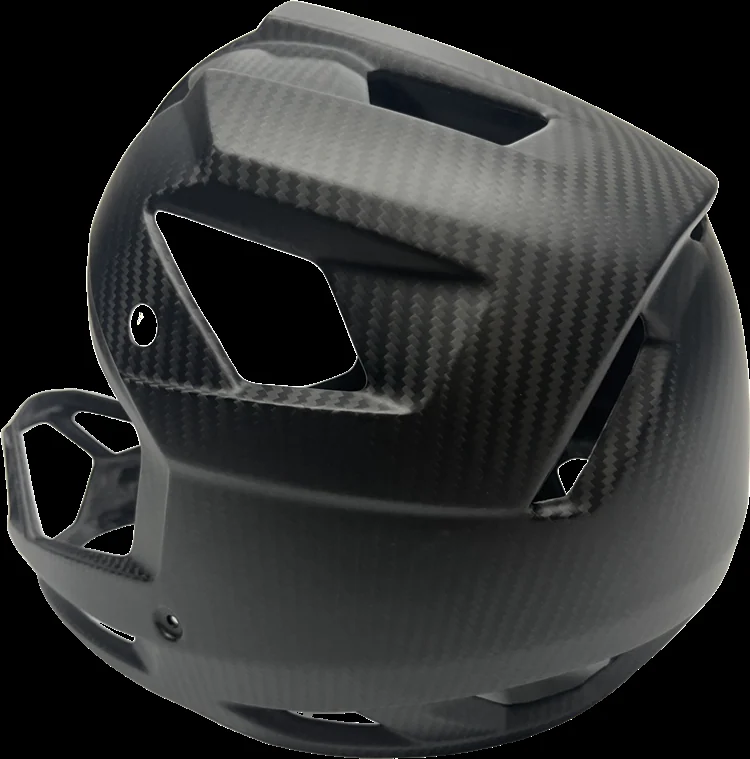 Ventilated shell — rear detail; actual carbon fiber helmet shell project reference