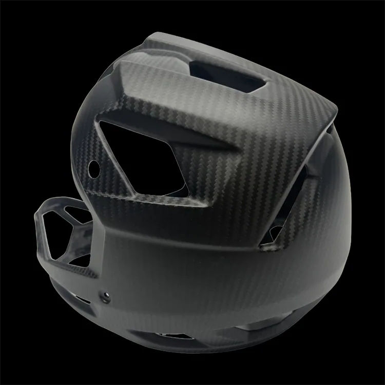 Actual black woven carbon fiber custom helmet shell shown from rear angle